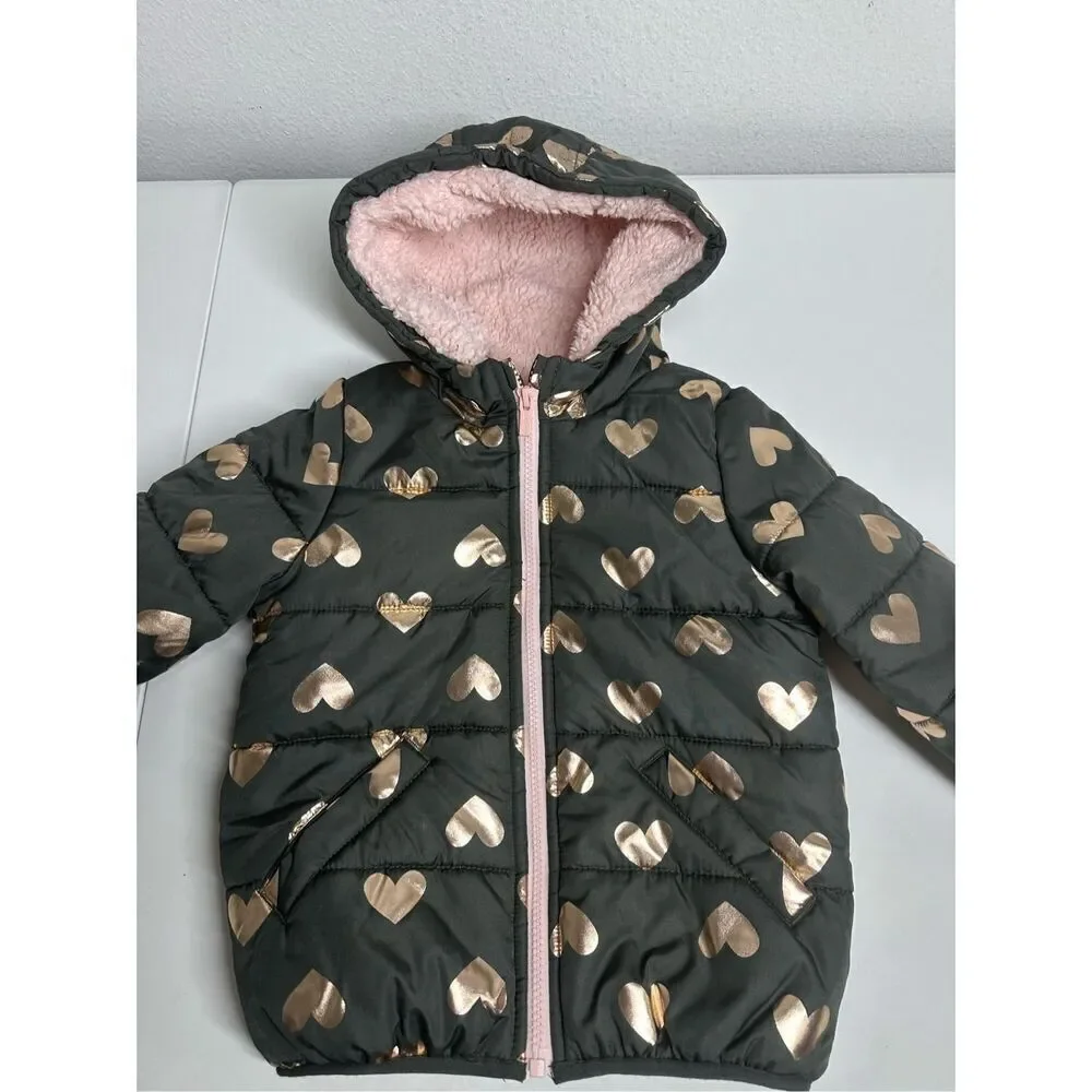 Carter's Puffer Coat Gold Hearts Print Size 4T Brown Pink See Description